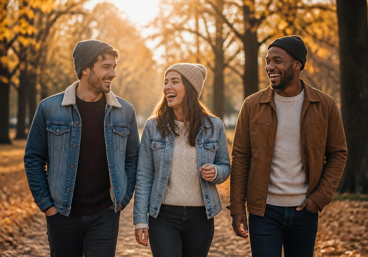 Three resident doctors in casual clothes walking and laughing together in a sunny park
